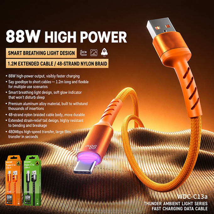 WDC-C13a 88W Thunder Ambient Light Series Fast Charging Data Cable – 1.2m Nylon Braided