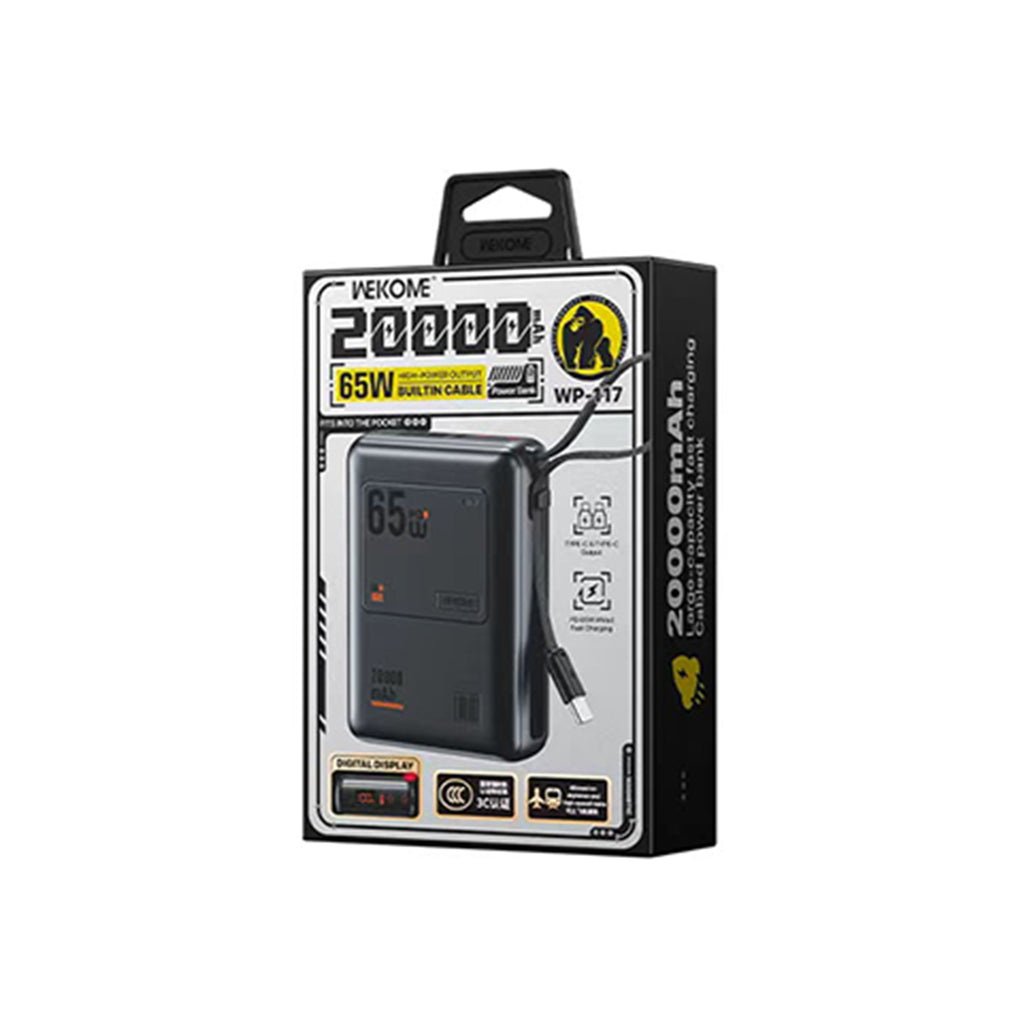 WP-117 20000mAh 65W Fast Charging Power Bank with Built-in Type-C Cable