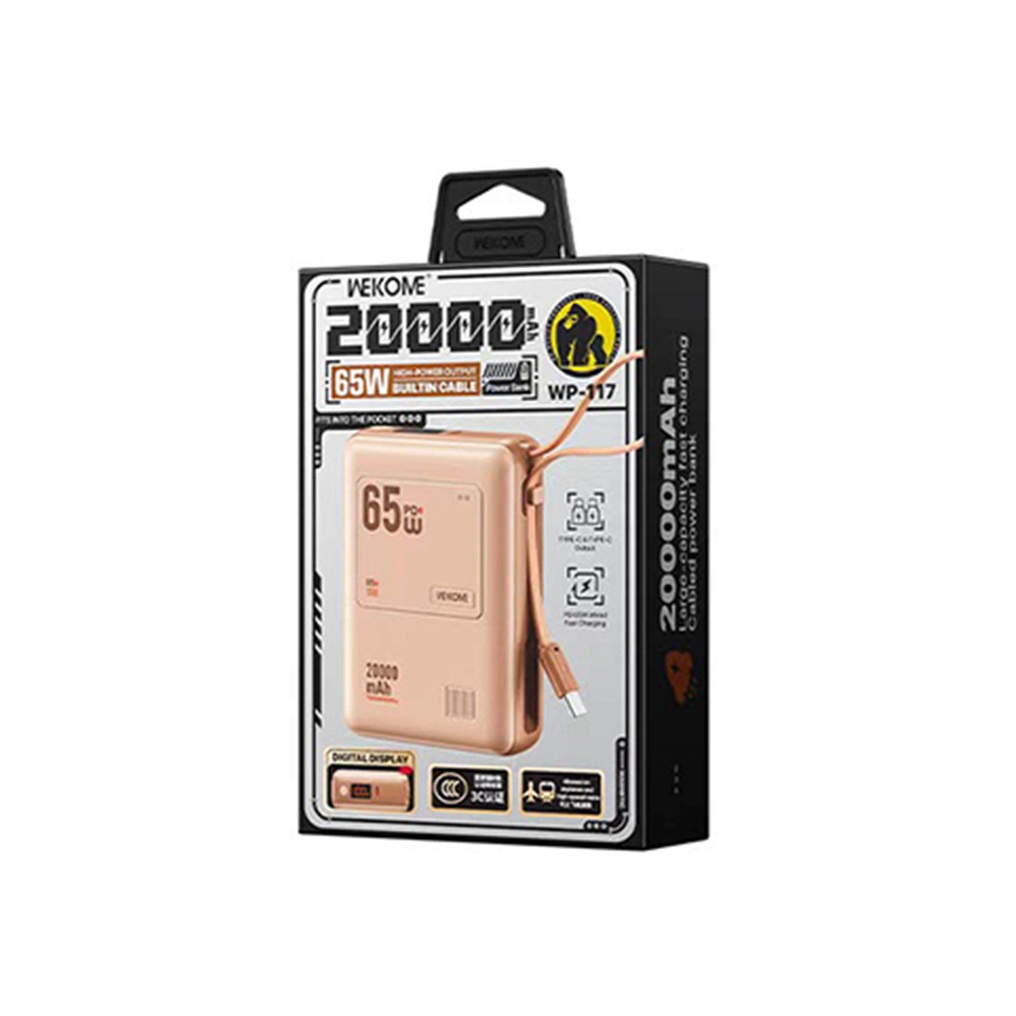 WP-117 20000mAh 65W Fast Charging Power Bank with Built-in Type-C Cable
