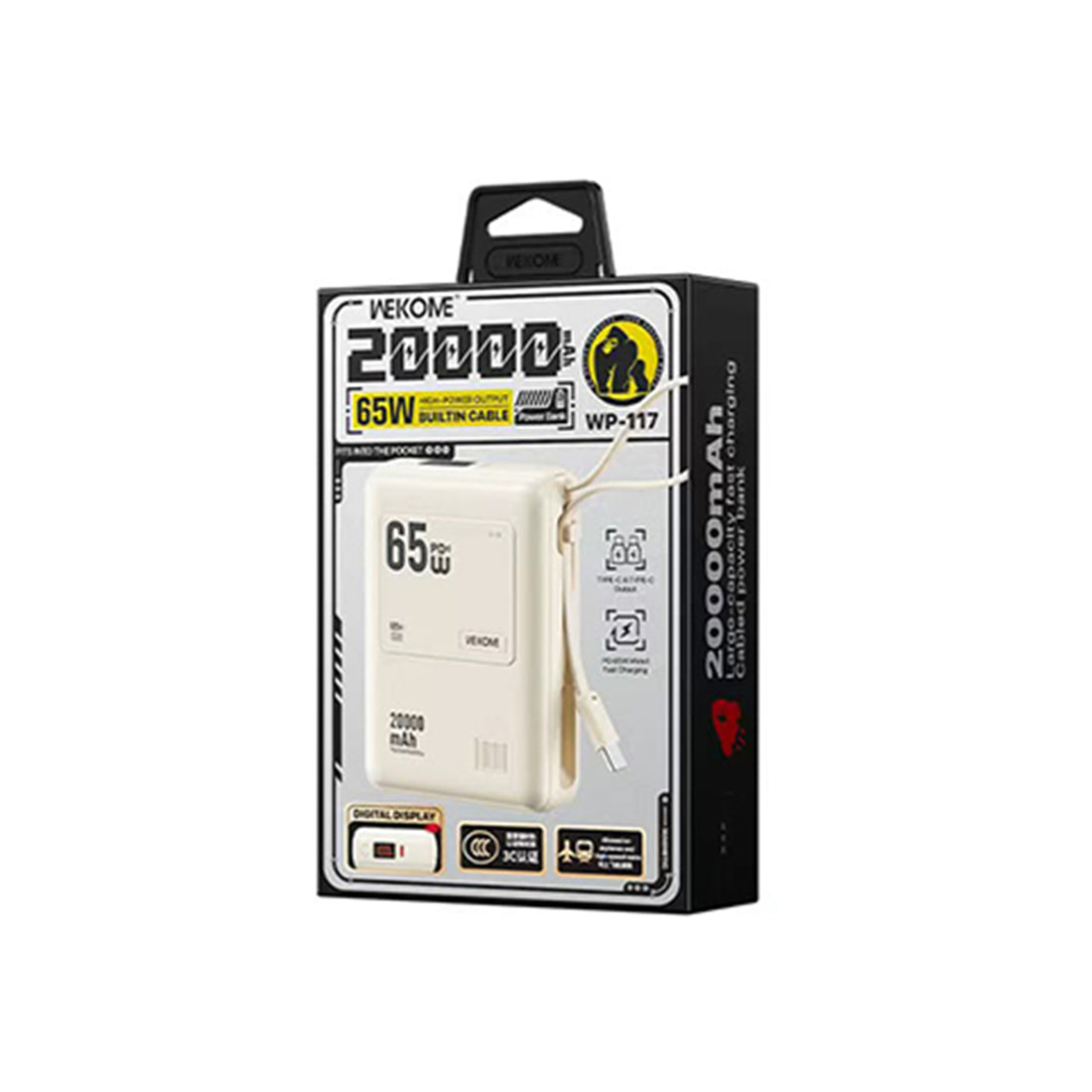 WP-117 20000mAh 65W Fast Charging Power Bank with Built-in Type-C Cable