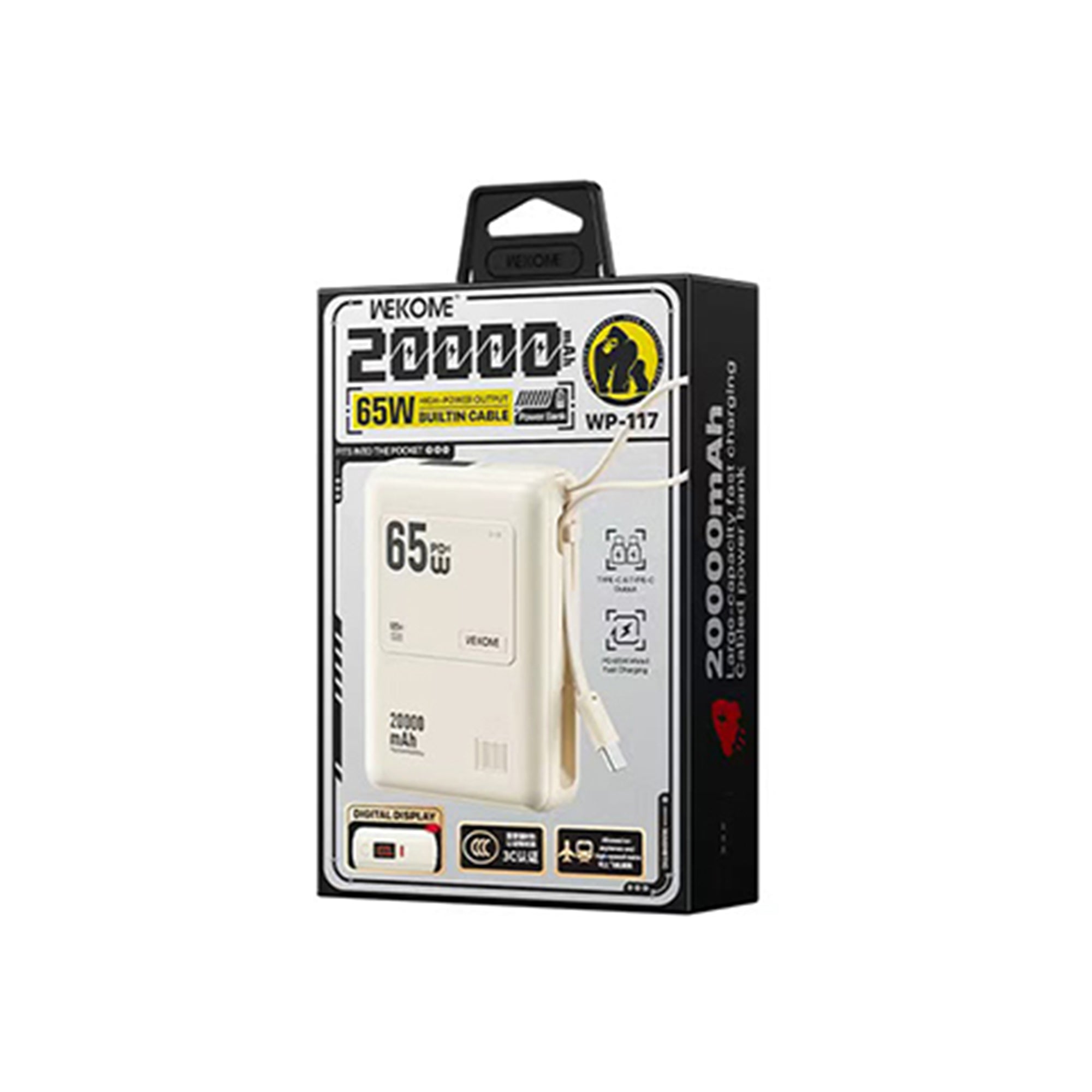 WP-117 20000mAh 65W Fast Charging Power Bank with Built-in Type-C Cable