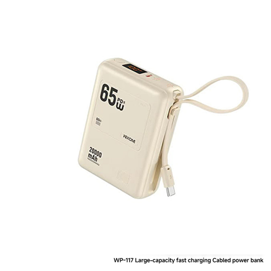 WP-117 20000mAh 65W Fast Charging Power Bank with Built-in Type-C Cable