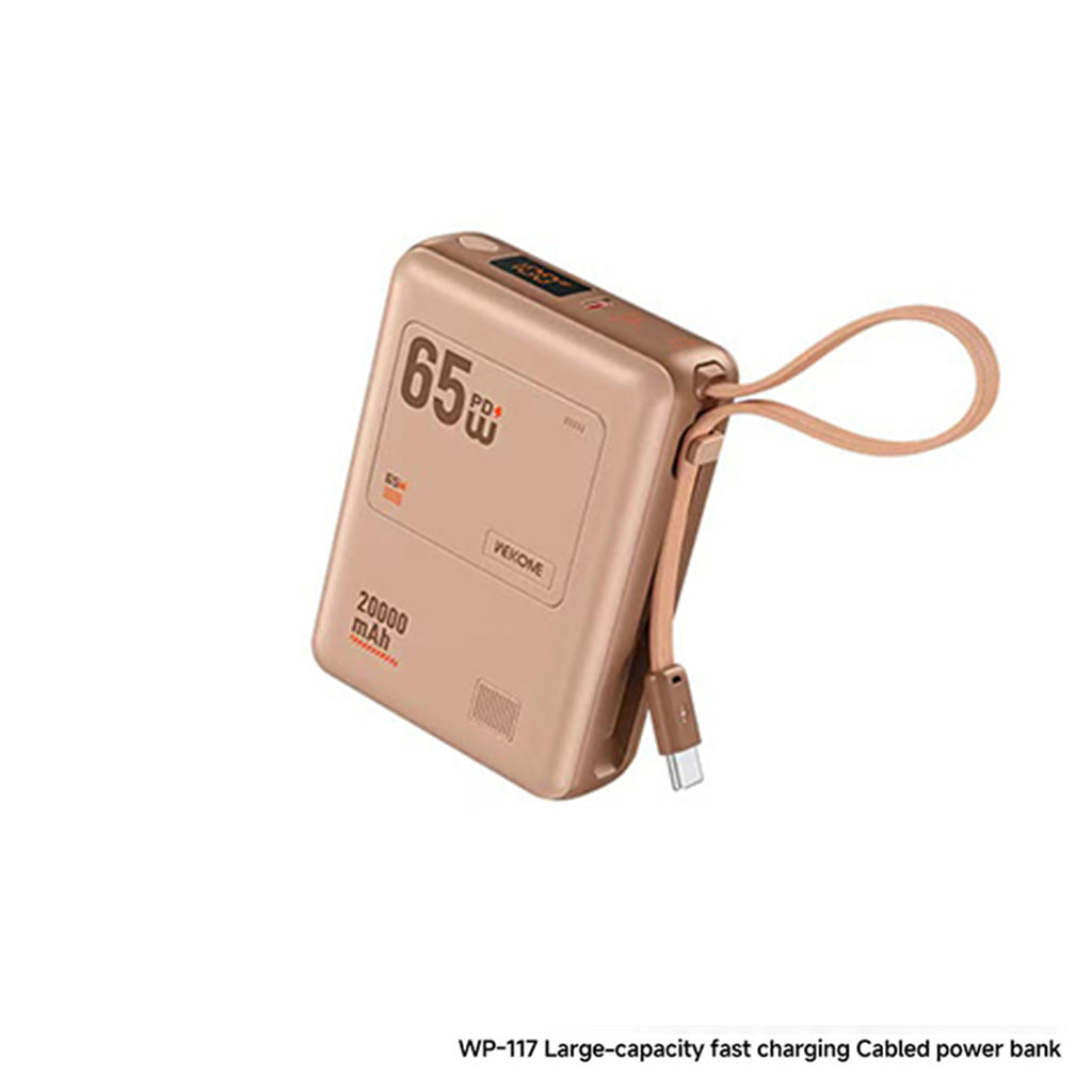 WP-117 20000mAh 65W Fast Charging Power Bank with Built-in Type-C Cable