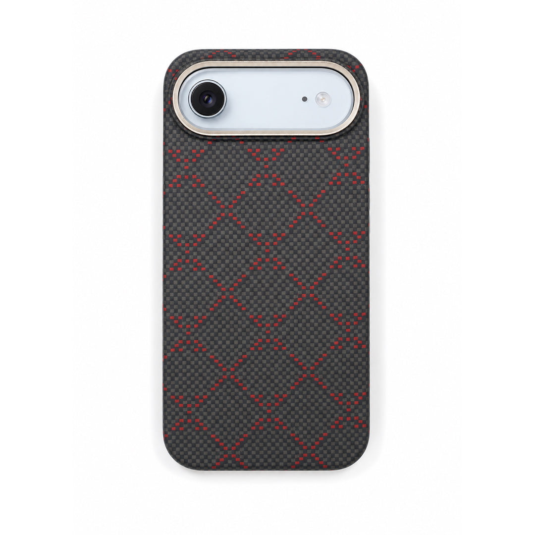 Black Textured Phone Case with Red Diamond Pattern and Raised Camera Frame
