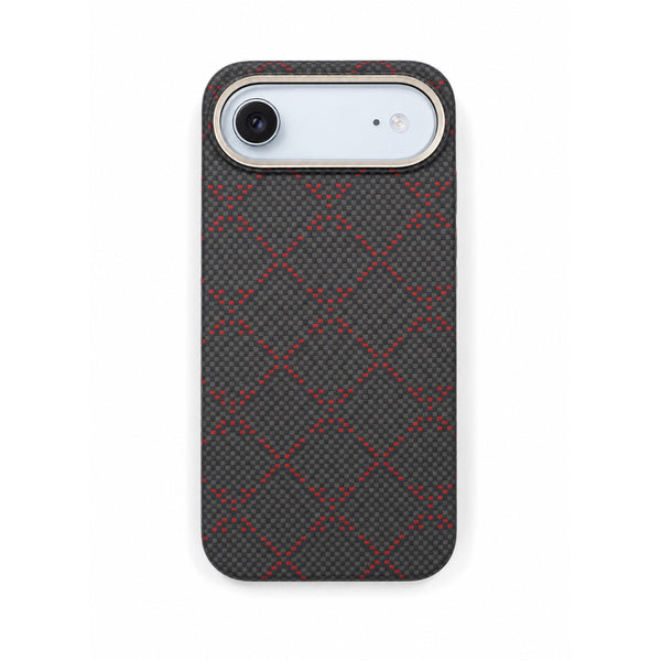 Black Textured Phone Case with Red Diamond Pattern and Raised Camera Frame